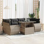 Salon de jardin 7 places ensemble gris r�sine tress�e avec table relevable et coussins lavables stockage ...