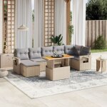 Salon de jardin 8 places en r�sine tress�e beige avec table extensible et coussins gris - ensemble modulaire ...