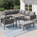 Salon de jardin 8 places ? structure en fer laqu�, pieds r�glables ? table en verre tremp�, coussins ...