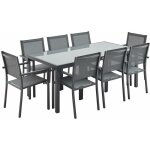 Salon de jardin aluminium table 180cm. 8 fauteuils en textil�ne anthracite / gris