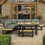 Salon de jardin angle inclinable 5 positions jusqu'� 55�, avec table, banc et canap�, plateau aspect ...