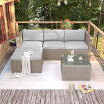 Salon de jardin d'angle en r�sine tress�e , canap� lounge avec coussins d'assise et dossier, table basse ...