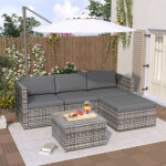 Salon de jardin d?angle en r�sine tress�e grise avec pouf, coussins et table basse en verre tremp�