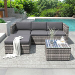 Salon de jardin d?angle en rotin pe 196 x 136 x 67 cm avec table en verre, coussins zipp�s lavables, ...