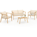 Salon de jardin bas malta 4 places structure en m�tal effet bois, lani�res et coussins beiges