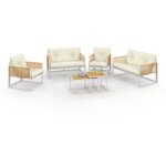 Salon de jardin bas rio 6 places structure m�tal blanc et cordage effet rotin avec coussins beige