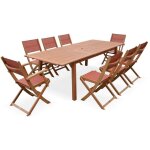 Salon de jardin en bois almeria. grande table 180 - 240cm rectangulaire 2 fauteuils 6 chaises eucalyptus ...