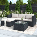 Salon de jardin avec canap� d?angle, 1 pouf et 1 table basse, pour terrasse, rotin pe, fer et tissu imperm�abl ...