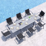 Salon de jardin exterieur 8 personnes, 8 + 1 mobilier, 8 chaise empilable aluminium et 1 130cm - 260cm ...