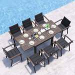 Salon de jardin exterieur 8 personnes, 8 + 1 mobilier, 8 chaise empilable aluminium et 1 80cm - 160cm ...
