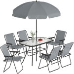 Salon de jardin ext�rieur - outsunny - 8 pi�ces - avec parasol et 6 chaises pliantes - plateau verre ...