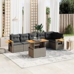Salon de jardin gris 7 places en r�sine tress�e avec table extensible et coussins lavables (table 100 ...