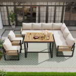 Salon de jardin modulable 7 - 8 personnes avec canap�s et table 95cm, dossier tress� main, coussins, ...