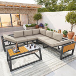 Salon de jardin modulable pour 7 personnes avec dossier r�glable et table � gla�ons int�gr�e, table d'appoint ...