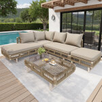 Salon de jardin modulaire en corde tress�e et acier galvanis�, table basse en verre tremp�, coussins ...