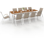 Salon de jardin noumea table 240 cm plateau verre tremp� effet bois et 10 chaises empilables blanc et ...
