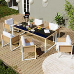 Salon de jardin repas 6 places avec table 170x80 cm et 6 chaises, verre tremp�, r�sine tress�e marron ...