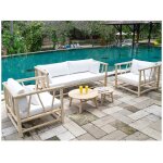Salon de jardin en teck : un canap� 3 places + 2 fauteuils + 2 tables basses - naturel clair et blanc ...