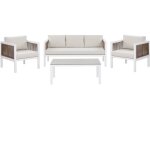 Salon de jardin ou terrasse 5 places canap� 2 fauteuils spacieux et table basse en aluminium blanc marron ...