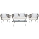Salon set de terrasse canapé et 2 fauteuils en rotin beige avec coussins d'assise blancs matières durables ... Salon set de terrasse canapé et 2 fauteuils en rotin beige avec coussins d'assise blancs matières durables ...