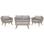 Salon de terrasse jardin 4 places table basse canapé et 2 fauteuils rotin marron avec coussins gris clair ... Salon de terrasse jardin 4 places table basse canapé et 2 fauteuils rotin marron avec coussins gris clair ...