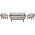 Salon de terrasse jardin 5 places table basse canapé et 2 fauteuils rotin marron avec coussins gris clair ... Salon de terrasse jardin 5 places table basse canapé et 2 fauteuils rotin marron avec coussins gris clair ...