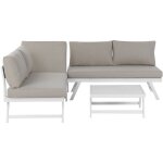 Salon de terrasse ou jardin canap� modulable et table basse assortie en aluminium blanc avec coussins ...