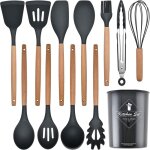 Set de 12 ustensiles de cuisine en silicone alimentaire ? r�sistants � 446?, antiadh�sifs, avec manches ...