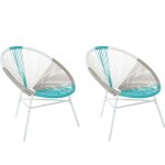 Set 2 chaises fauteuils spaghetti en rotin bleu blanc et acier design tendance pour chambre salon terrasse ...