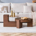 Set de 2 tables basses rondes gigognes �61 cm et �44 cm, double niveau, mdf effet noyer et verre brun ...