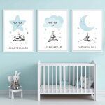 Set de 3 affiches bebe bleu tableau islamique calligraphie poster etoiles lune nuage garcon enfant chambre ...