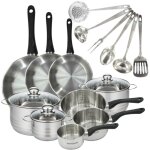 Set 3 po�les 20 24 28 cm 3 casseroles 12 16 20 cm, 3 faitouts 16, 20 et 24 cm en inox et 6 ustensiles ...