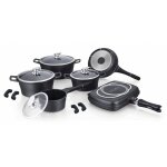 Set de 4 casseroles et pole et 1 grill  panini avec revtement en marbre - tailles diffrentes - noir ...