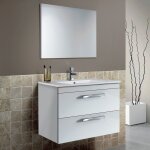 Pegane - set de meuble sous lavabo avec 2 tiroirs blanc brillant / blanc laqu + lavabo blanc + miroir ...
