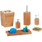 Set salle de bain, 6 pcs, bambou, distributeur, porte - savon, balai wc, porte brosses dents, support, ...