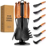 Set de 6 ustensiles de cuisine avec support rotatif - manches aspect bois - noir / marron - h 36 cm - ...
