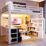 Seyakany - lit mezzanine 140 x 200 cm - 4 tiroirs, bureau, penderie grillag�e avec �clairage led, escalier ...