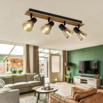 Etc - shop ? plafonnier � spots orientables 4 flammes ? verre fum� noir et bois ? 4x douilles e14 ? longueur ...