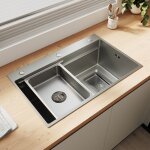 Sirhona �vier 1 bac inox 304 nano argent� 70x45 cm, large bord grains de riz 3d, �gouttoir inclus profondeur ...