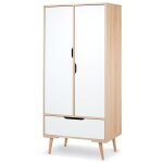 Armoire enfant h�tre et blanc 80x52x180 cm ? 2 portes ? 1 tiroir coulissant ? panneaux mdf et bois de ...