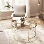 Table basse ronde, plateau en verre trempé, armature métallique dorée, table de salon, bout de canapé, ... Table basse ronde, plateau en verre trempé, armature métallique dorée, table de salon, bout de canapé, ...