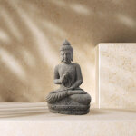 Statue de jardin bouddha assis en pierre chapelet et s�r�nit� 50 cm