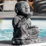 Statue de jardin moine shaolin heureux patin� gris 40 cm