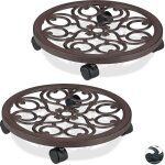 Support roulant plantes rond, lot de 2, en mtal, plateau roulant pots  fleurs, aspect antique, brun ...