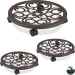 Support roulant plantes rond, lot de 3, en m�tal, plateau roulant pots � fleurs, aspect antique, brun ...