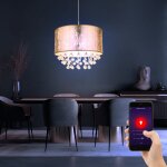 Suspension textile or suspension cristaux salle � manger salon lampe pendule, aspect feuille d'or, contr�le ...