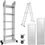 Swanew - echelle pliante articule 5. 8m, echafaudage multifonction, ecarteur de mur, escabeau, 2 plaques ...