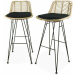 Sweeek - deux tabourets de bar en rotin naturel et mtal. coussins noirs - cahya