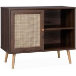 Meuble de rangement en cannage 80x39x65. 8cm boh�me - couleur bois fonc� - 2 niveaux - 1 porte - pieds ...