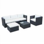Sweeek - salon de jardin table en rsine tresse 5 places benito canap fauteuil noir / ecru - noir